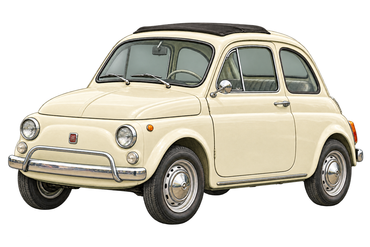 Illustrazione di una Fiat 500 L storica color avorio, con fari tondi e tubolare sul paraurti